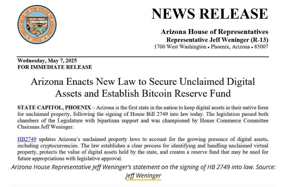 Landmark law passed in Arizona for unclaimed cyrpto Landmark law passed in Arizona for unclaimed cyrpto