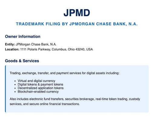 JPMorgan’s ‘JPMD’ trademark hints at Dollar-pegged crypto move JPMorgan’s ‘JPMD’ trademark hints at Dollar-pegged crypto move