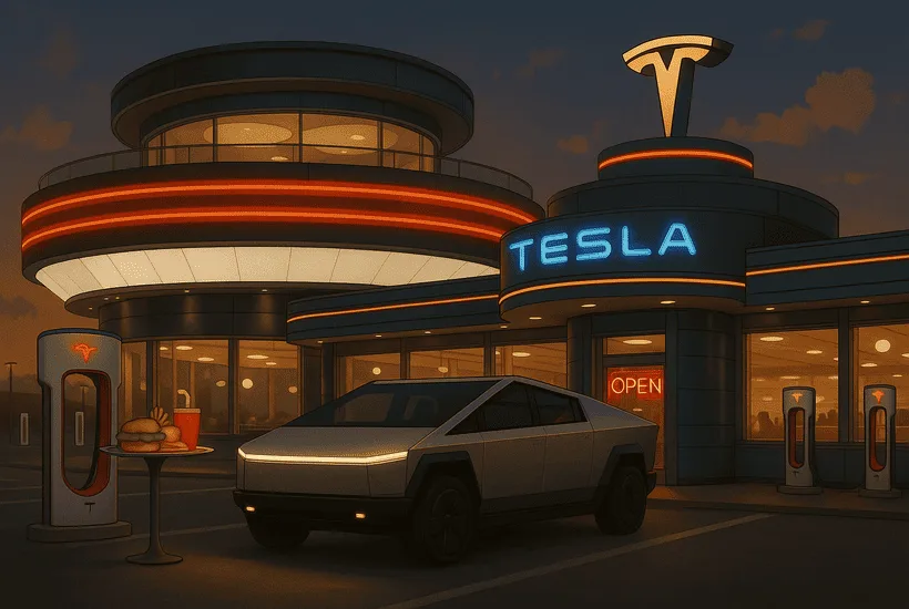 Tesla Diner is now Open! A Retro-Futuristic EV Charging Station Serving Drive-Thru Cybertruck Meals