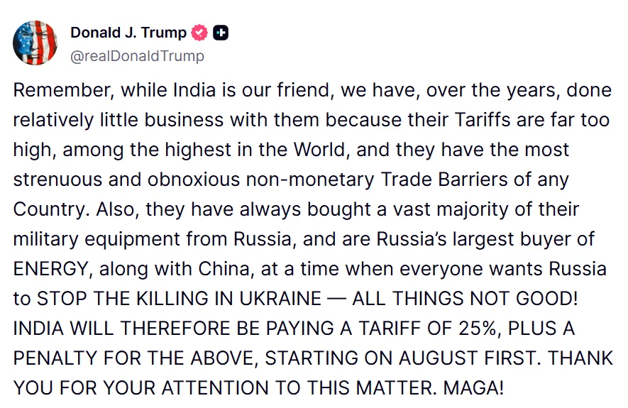 Trump threatens 25% tariff on India, citing trade barriers and Russia ties