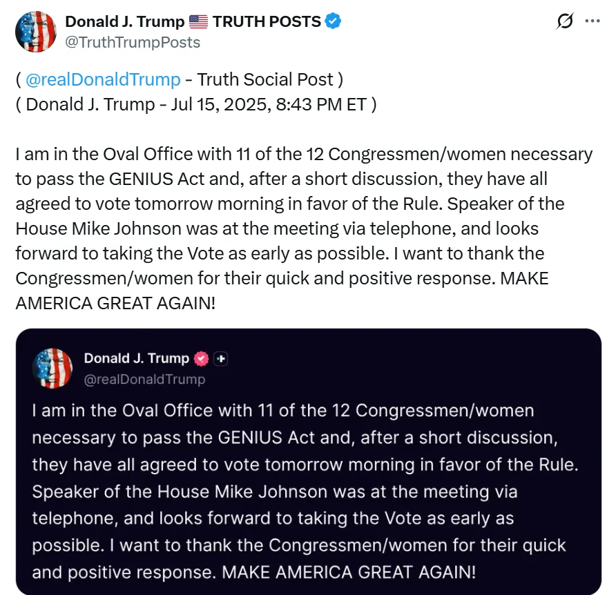 Donald Trump lobbies Republicans to pass GENIUS act after early setback
