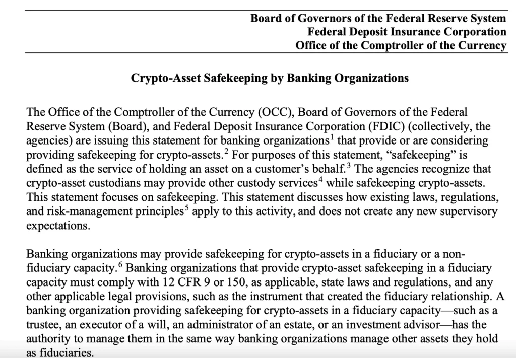 US Federal agencies warn banks of risks in crypto custody services