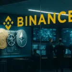 A hooded figure manipulating symbols of Bitcoin, Tether, and Binance, representing the T3 crypto crime unit’s seizure of $250 million and Binance’s expanded role in blockchain crime enforcement.