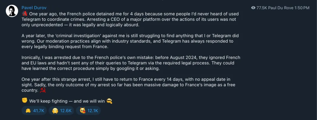 Telegram founder Pavel Durov says case is going nowhere, slams french government Telegram founder Pavel Durov says case is going nowhere, slams french government