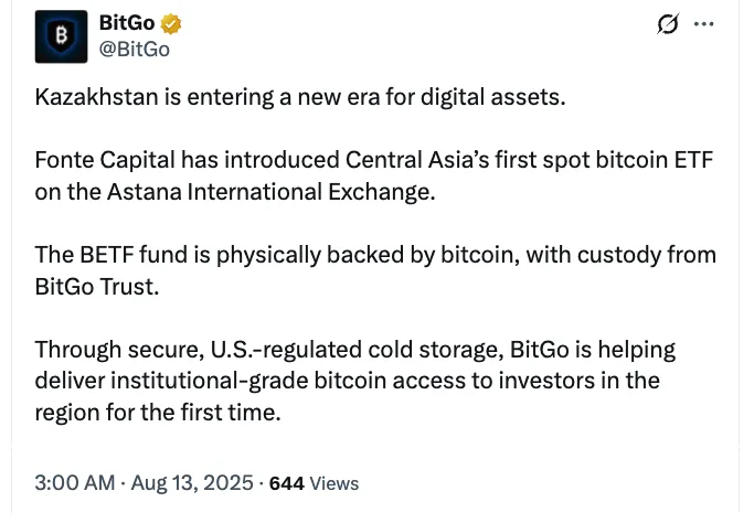 Kazakhstan debuts first spot Bitcoin ETF with BitGo as custodian