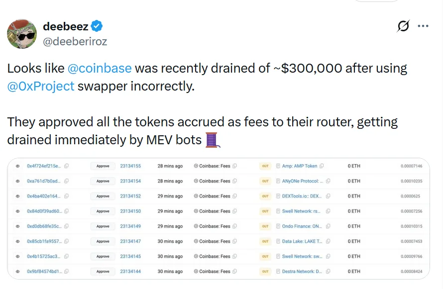 Coinbase loses $300,000 after wallet misstep enables MEV bot drain