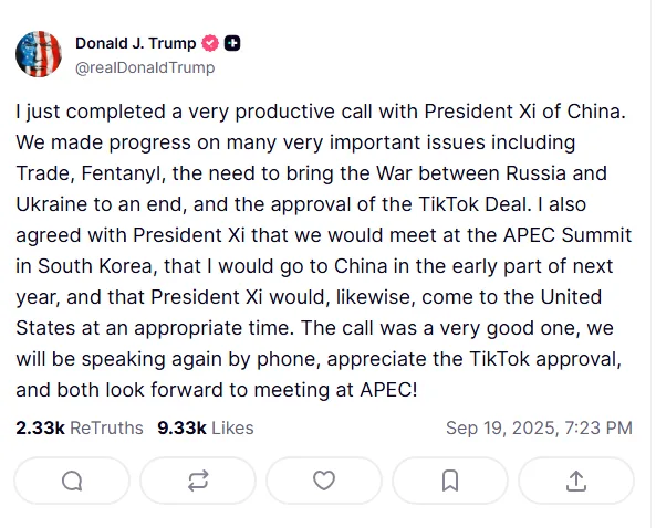 Trump says he and China's Xi made progress on TikTok and trade, to meet soon