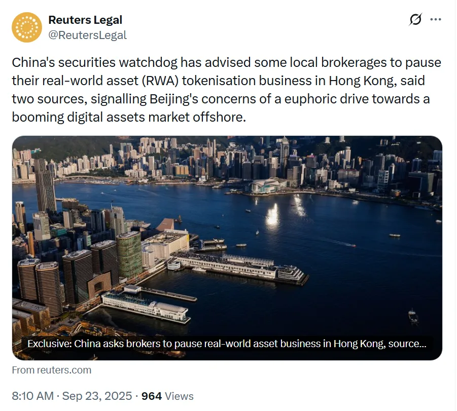 China urges brokers to suspend RWA tokenization ventures in Hong Kong: Report
