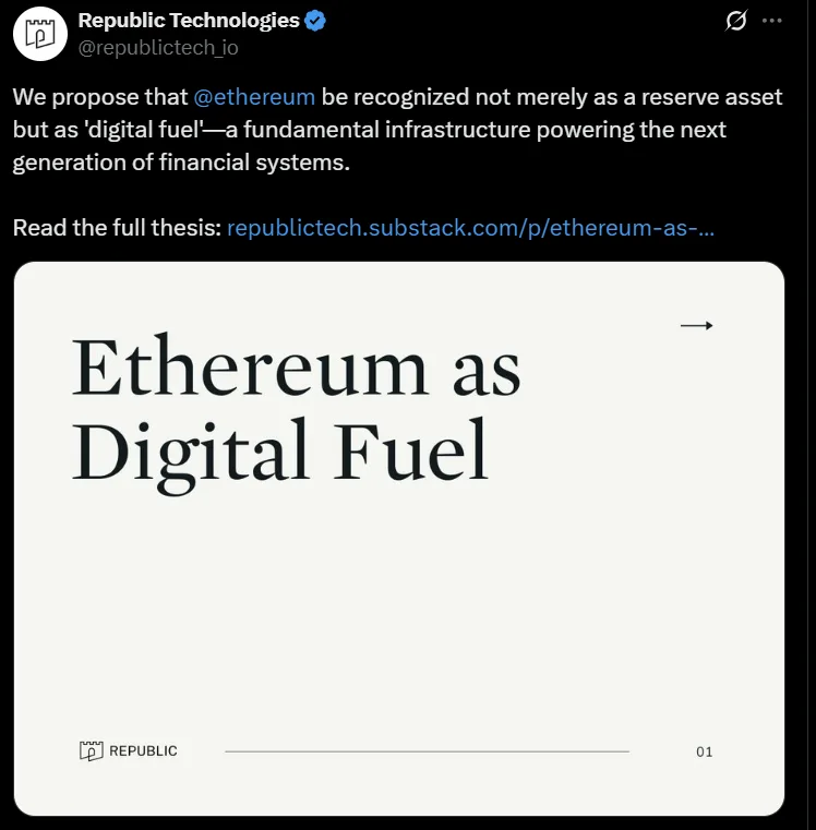 Republic Technologies secures $100M zero-interest loan to expand ETH treasury Republic Technologies secures $100M zero-interest loan to expand ETH treasury