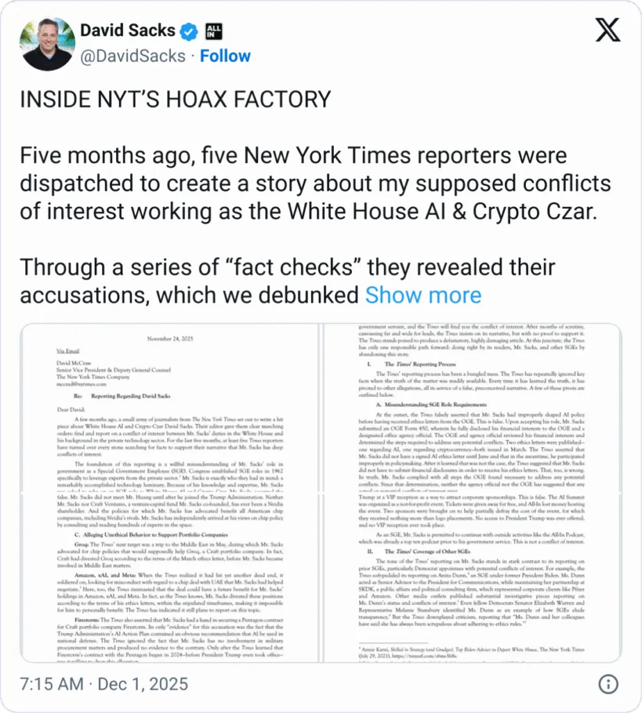 David sacks pushes back against NYT over alleged crypto conflicts David sacks pushes back against NYT over alleged crypto conflicts