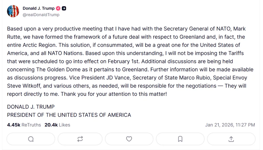 Bitcoin surges, markets pump as Donald Trump reaches Greenland deal with NATO Bitcoin surges, markets pump as Donald Trump reaches Greenland deal with NATO