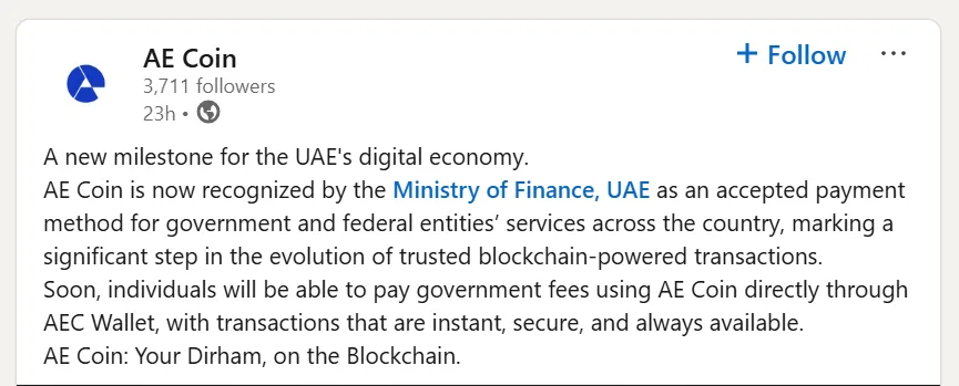 UAE moves towards blockchain payment as AE Coin gains official recognition UAE moves towards blockchain payment as AE Coin gains official recognition
