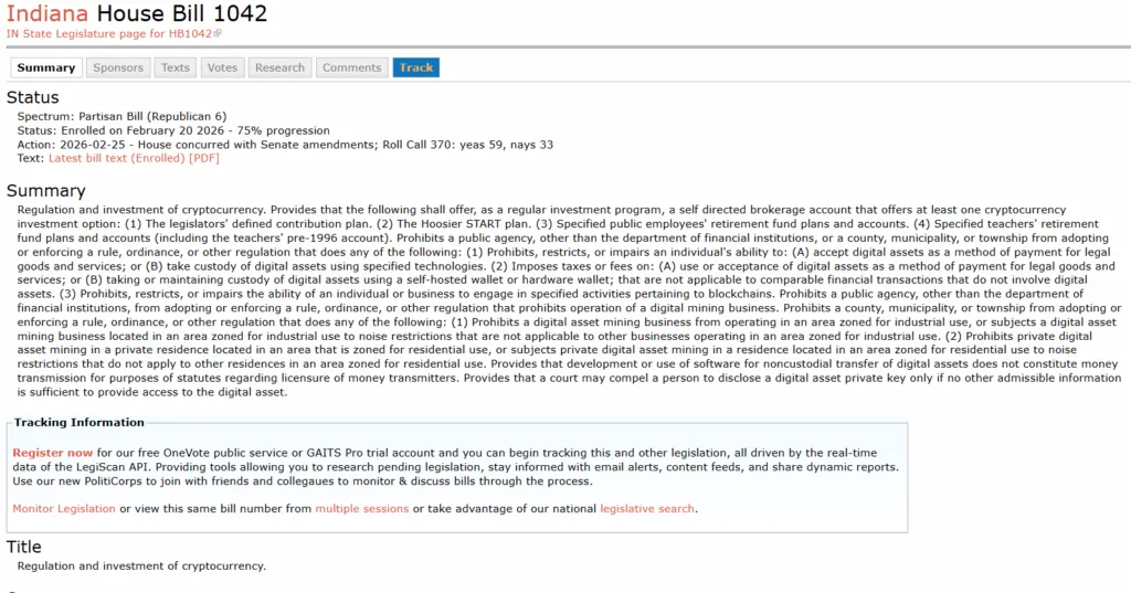 Indiana passes crypto rights and retirement investment bill Indiana passes crypto rights and retirement investment bill