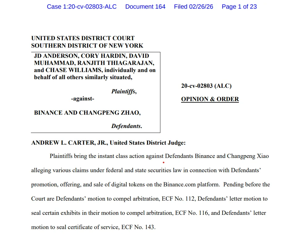 Court blocks arbitration push in pre-2019 Binance investor lawsuit Court blocks arbitration push in pre-2019 Binance investor lawsuit