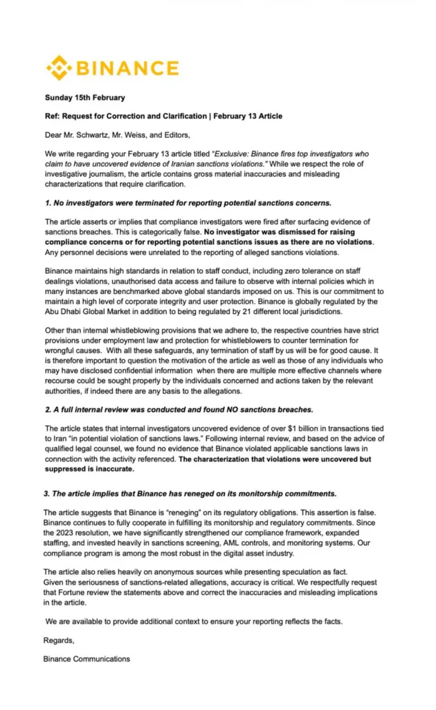 Binance denies sanctions violations and compliance failures following a Fortune report Binance denies sanctions violations and compliance failures following a Fortune report
