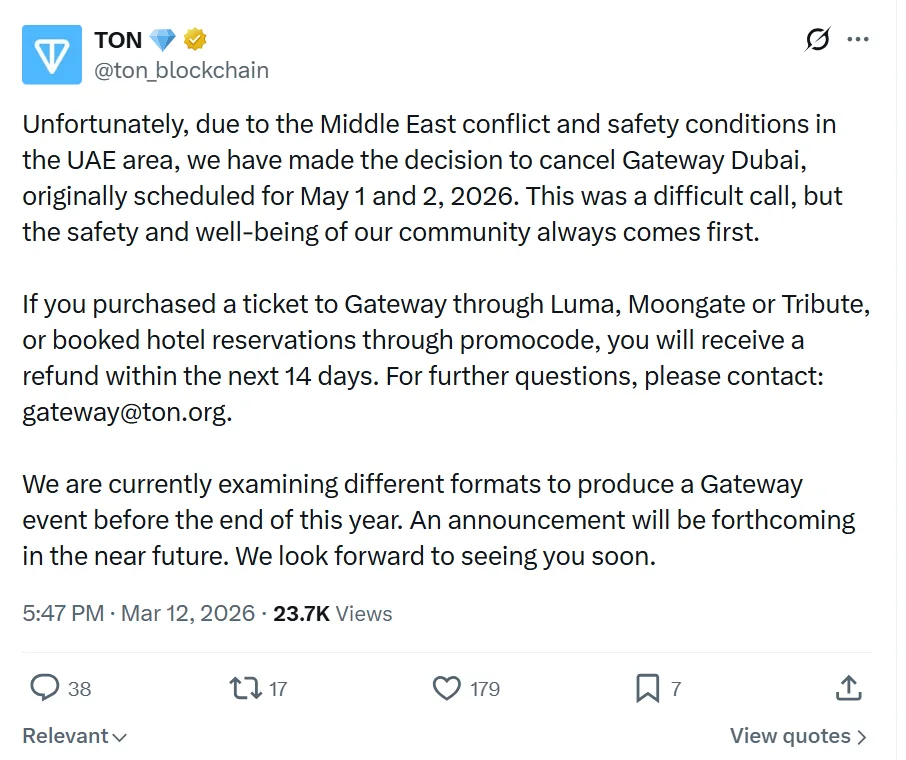 TOKEN2049 Dubai postponed to 2027 amid regional uncertainty, TON blockchain reacts TOKEN2049 Dubai postponed to 2027 amid regional uncertainty, TON blockchain reacts