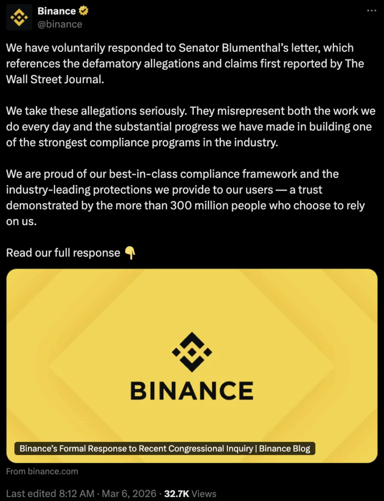 Binance denies Iran sanctions claims in response to US senate inquiry