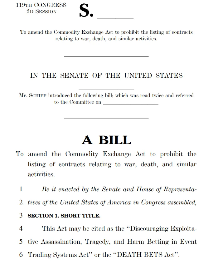 Senator Adam Schiff introduces bill to ban prediction markets on war and death Senator Adam Schiff introduces bill to ban prediction markets on war and death