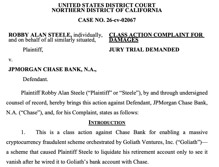 Investors accuse JPMorgan of enabling $328M crypto scheme linked to Goliath ventures Investors accuse JPMorgan of enabling $328M crypto scheme linked to Goliath ventures
