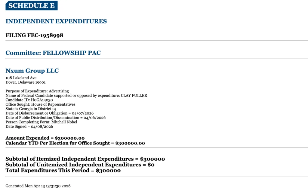 Crypto-backed PAC opens 2026 midterm campaign with first $300,000 ad for Fuller Source: Federal Election Commission