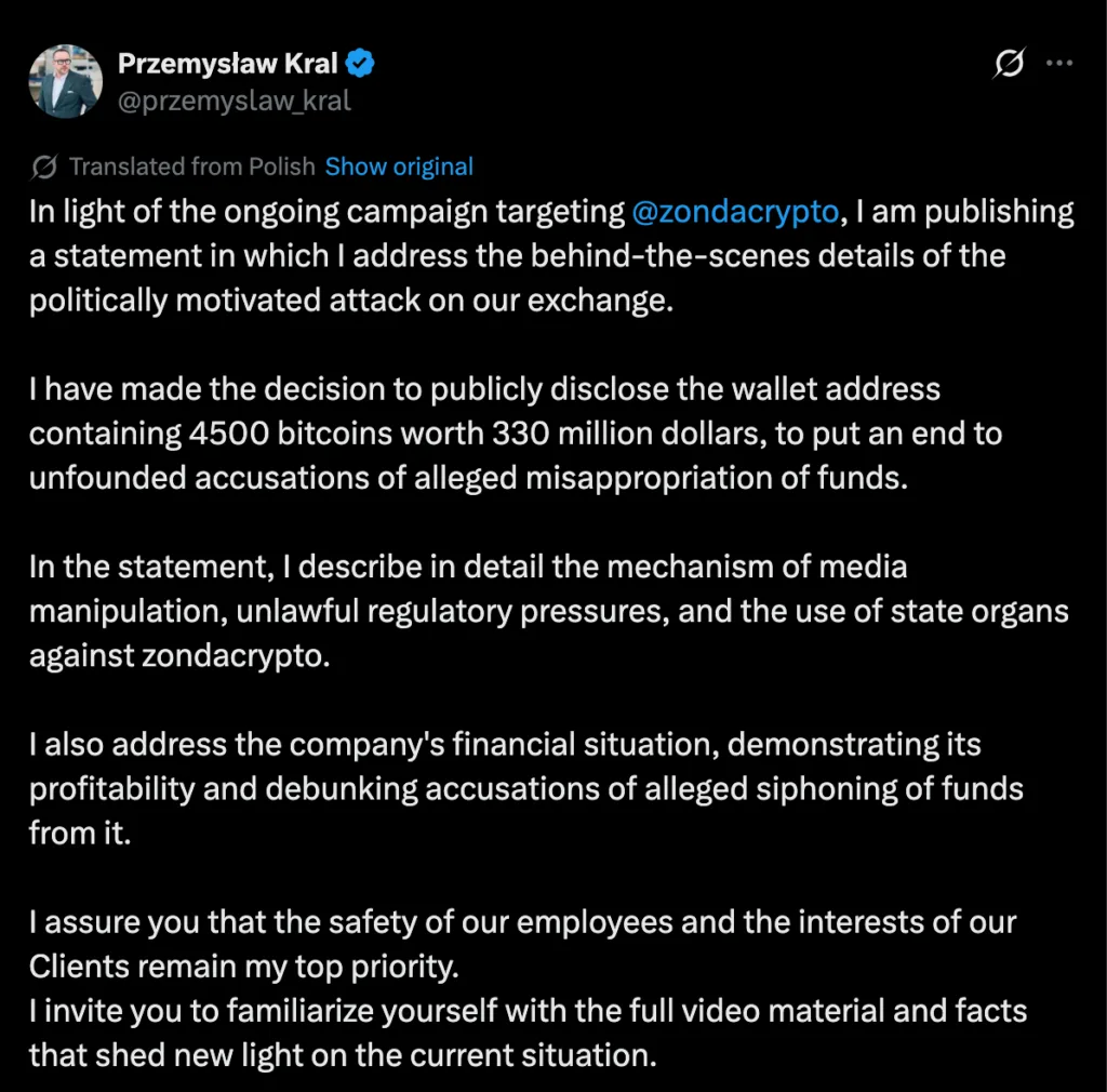 Zondacrypto CEO reportedly flees to Israel as Poland probe grows Source: Przemysław Kral/X