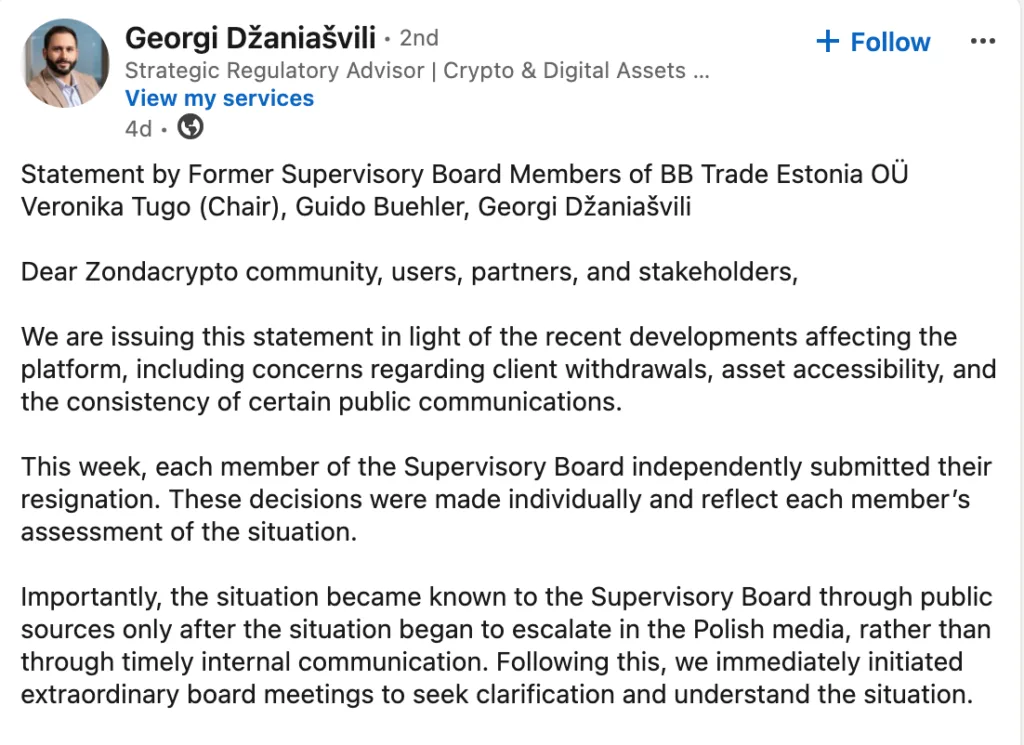 Zondacrypto CEO reportedly flees to Israel as Poland probe grows Source: Georgi Džaniašvili/LinkedIn