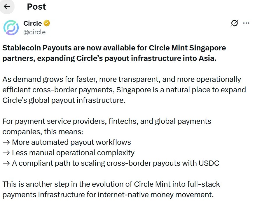 Circle rolls out stablecoin payout service in Singapore, expanding Asia payments network Circle rolls out stablecoin payout service in Singapore, expanding Asia payments network