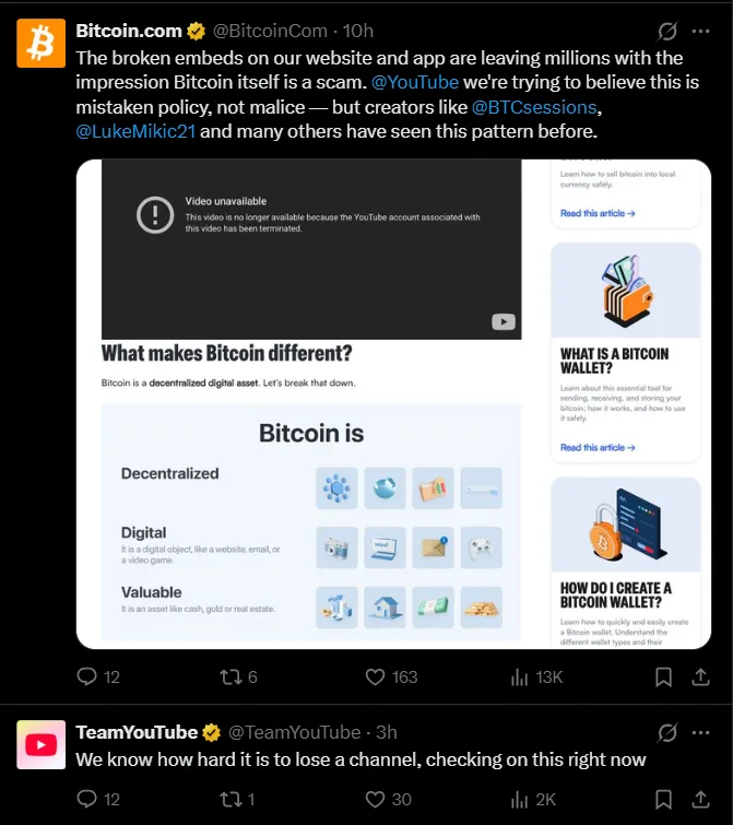 YouTube under backlash for deleting legacy BTC channel citing 'harmful content' YouTube under backlash for deleting legacy BTC channel citing 'harmful content'